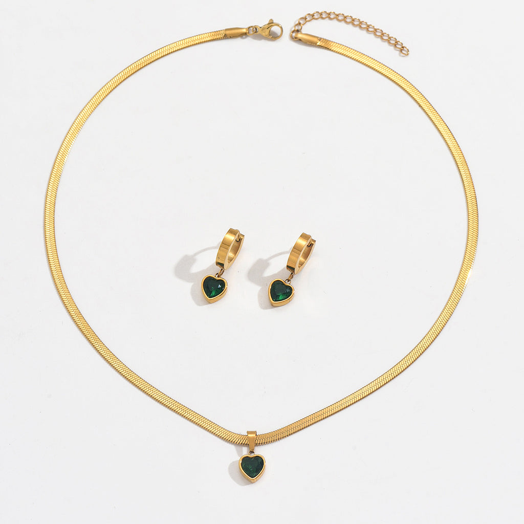 Green Heart Necklace And Earrings Set