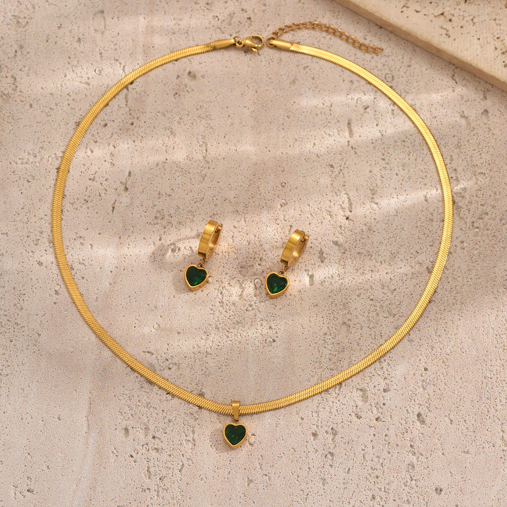 Green Heart Necklace And Earrings Set