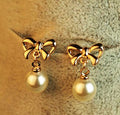 Heart Shaped Zircon & Bow Pearl Earrings